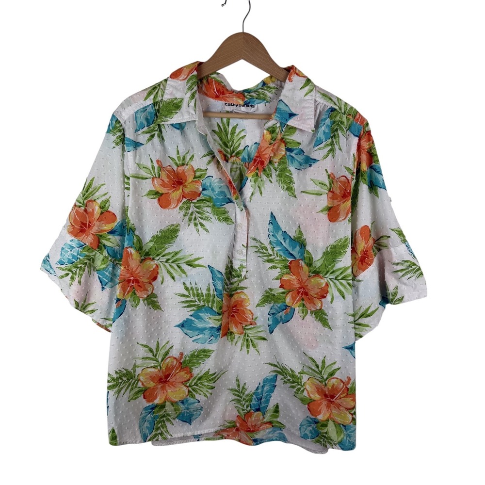 Cathy Daniels Tropical Hibiscus Floral Clip Dot Cotton Top‎ 2X Multicolor Hawaii